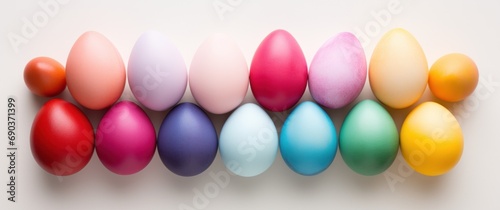 colorful easter eggs in rainbow  floral arrangement  and white background