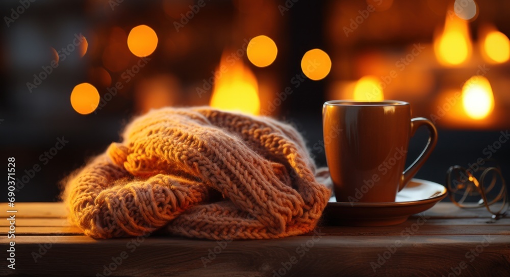 cup of coffee and knitted scarf on a wooden table in near front of fireplace at winter