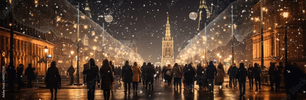 crowded people walking down an evening street in a city,