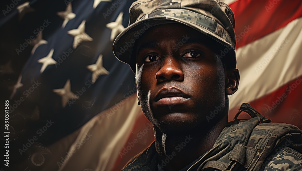 Black soldier with an American flag in the background Black soldier with an American flag in the background