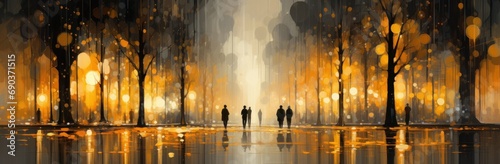 crowded people walking down an evening street in a city,