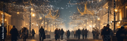crowded people walking down an evening street in a city,