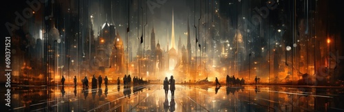 crowded people walking down an evening street in a city,