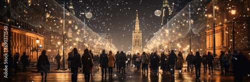 crowded people walking down an evening street in a city,