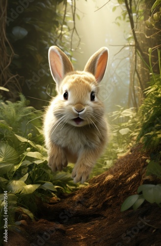 cute little rabbit running down a path in the woods,
