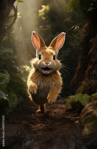 cute little rabbit running down a path in the woods,