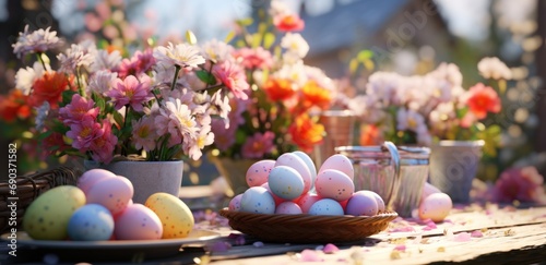 easter decorating table with eggs and flowers