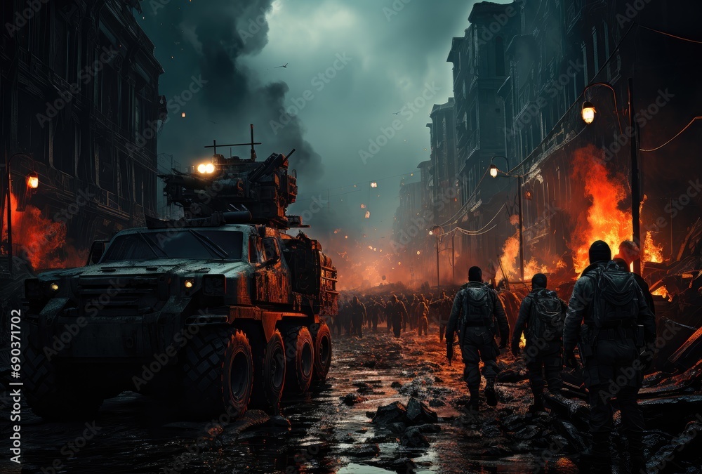Soldiers and military vehicles in a city scene - obrazy, fototapety, plakaty 