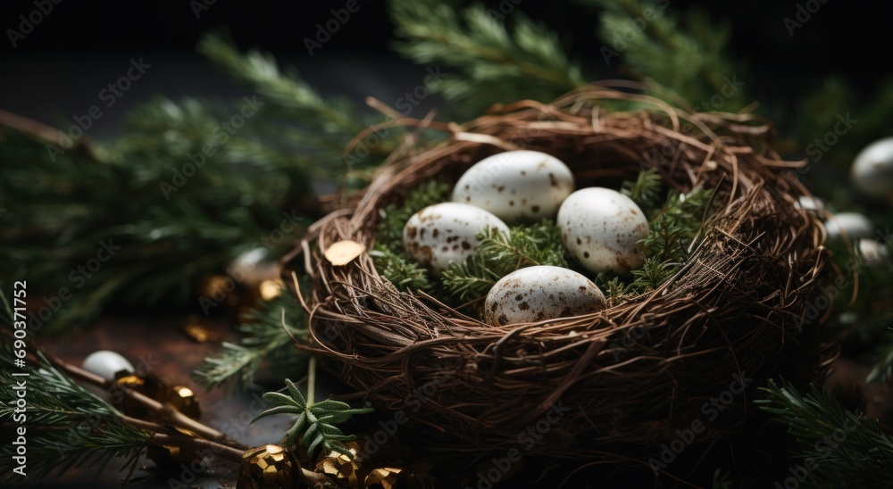 Fototapeta premium easter eggs in a nest on dark background