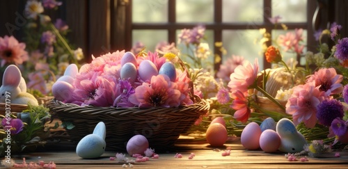 easter eggs on top of a wooden board with flowers in the background