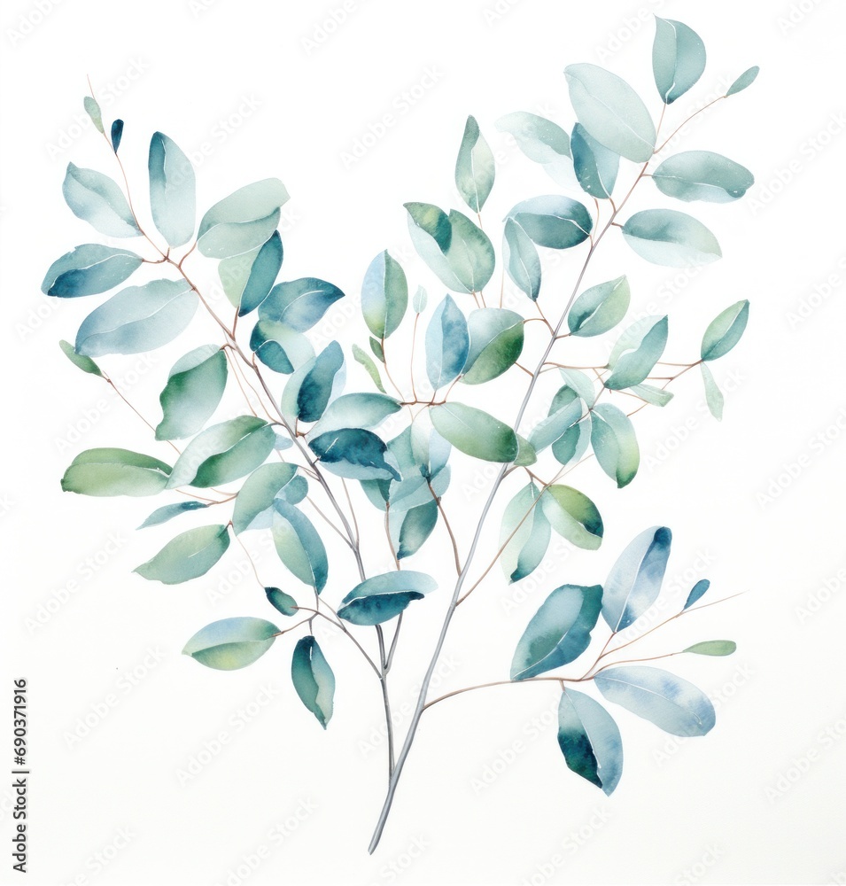 eucalyptus leaves on branch with white background