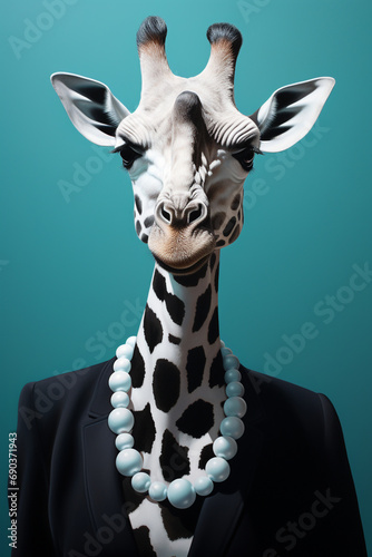 A giraffe  wearing pearl earrings and a black dress  in the style of graphic design poster art created with Generative Ai