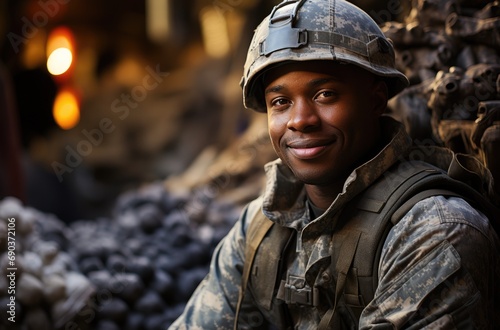 A stoic soldier stands proudly on a busy street, his helmet gleaming in the sunlight, representing the bravery and sacrifice of those who serve in the military