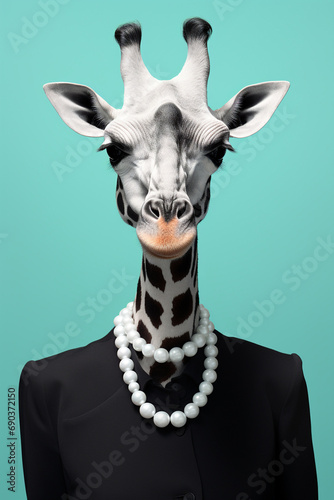 A giraffe, wearing pearl earrings and a black dress, in the style of graphic design poster art created with Generative Ai