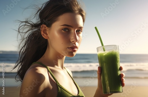 girl drinking a green juice on the beach
