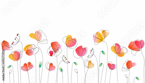 Wild flowers - watercolor illustration. A colorful drawing of flowers, in the style of minimalistic lines, transparency and lightness, humor meets heart, flowing silhouettes, cute cartoonish designs 