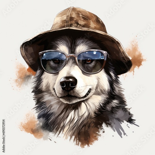 husky dog in a hat and sunglasses
