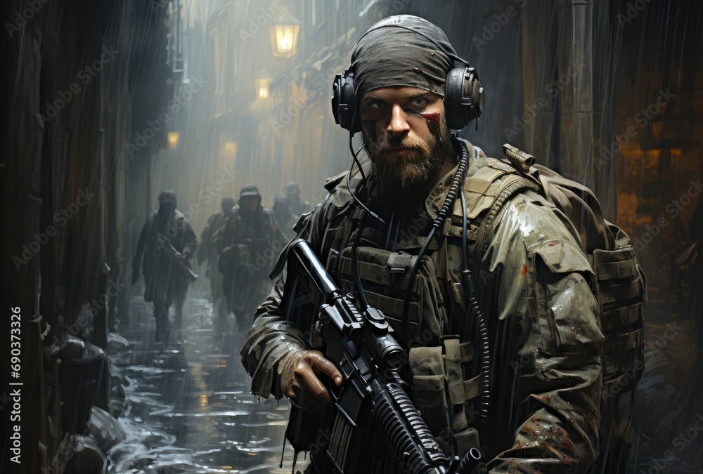 A soldier in full military gear stands ready with his rifle, surrounded by the chaos and violence of a street battle in this intense action-adventure game