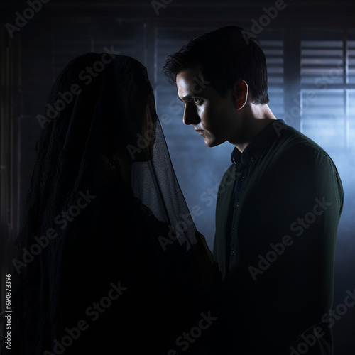 a young man with tall stature, dark hair, and attractive features, in the embalming room of Holloway's Rest, encountering the mysterious woman in black, her face obscured by a veil. The room is dimly  photo