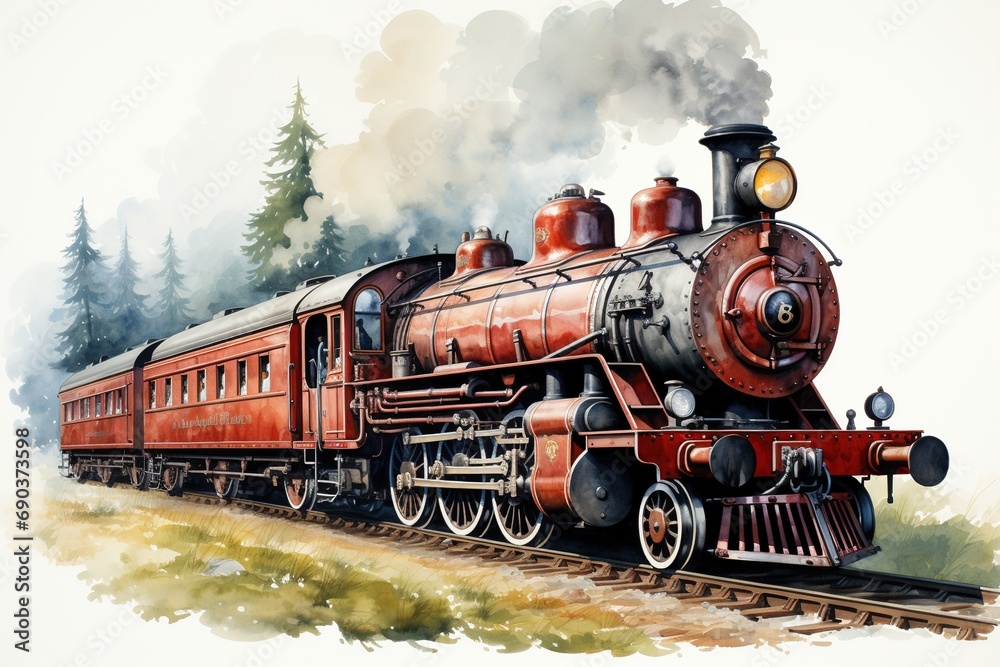 Vintage train drawing on white background.