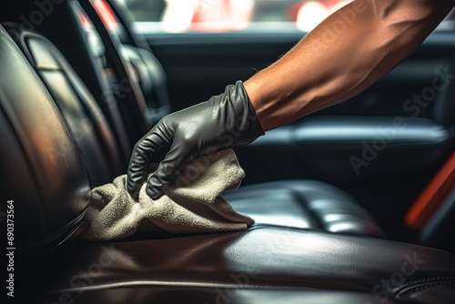 Hand cleaning car interior and leather seats.