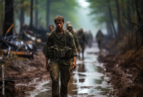 Soldier walks down a dirt road