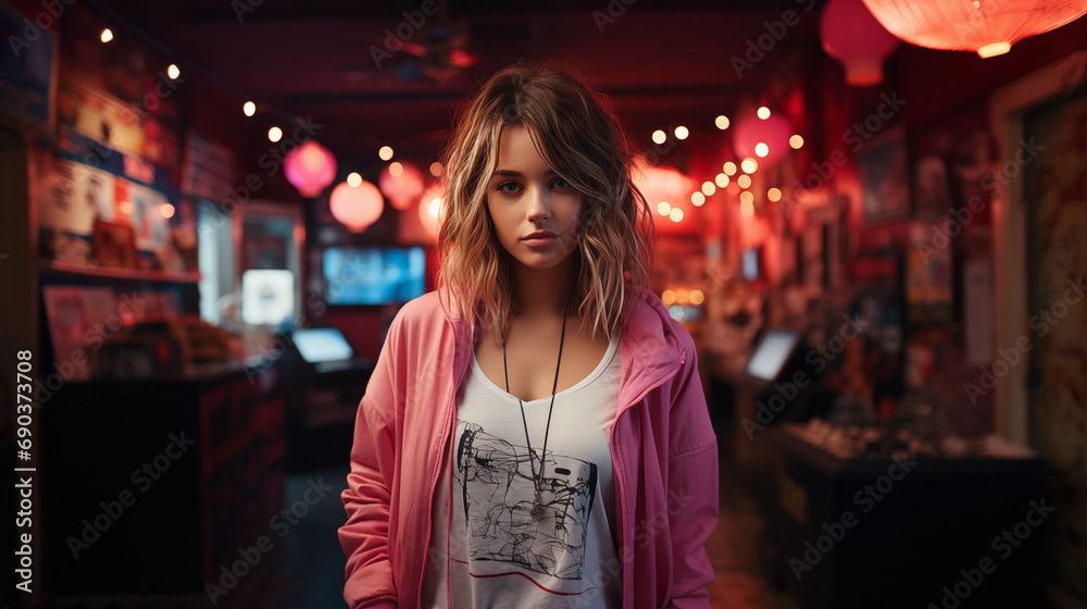 Portrait of a young teenage woman in a colorfully lit room, wearing a pink jacket