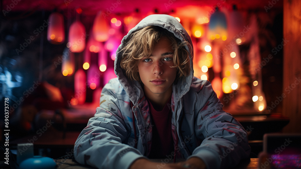 Portrait of a young man wearing a hoodie in a colorful, neon lit room, teenager