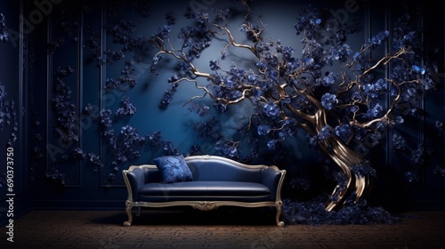 Immerse yourself in opulence with a lifelike 3D wallpaper presenting a tree adorned in royal blue flower leaves and an opulent platinum stem.