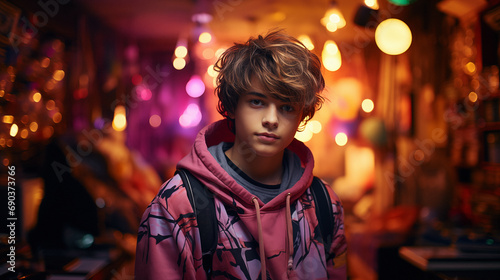 Portrait of a young man wearing a colorful hoodie in a colorful, neon lit room, teenager