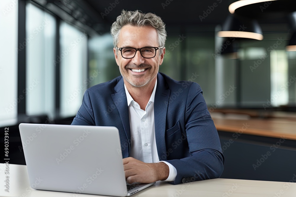 Smiling mature professional business man at workplace working on laptop. Smiling mature professional business man at workplace working on laptop.