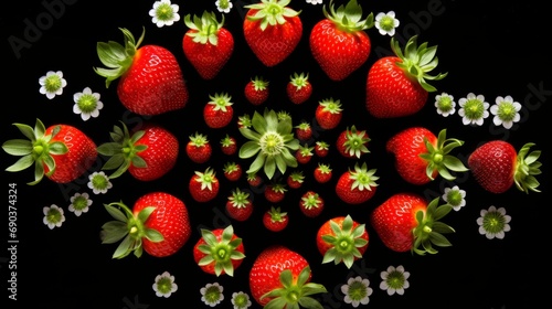 Strawberry pictures in style of kaleidoscope art on black background. Elegant art of Strawberry. 