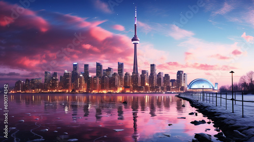 Panoramic view of a winter Toronto city skyline, city lights reflecting off the icy surfaces and creating a magical, urban winter wonderland photo