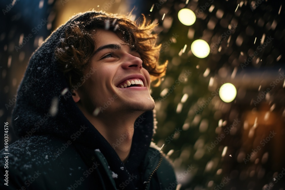 Smiling man with Christmas lights. Smiling man with Christmas lights.