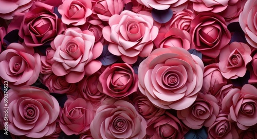 numerous pink roses made of paper