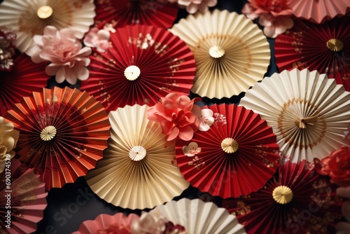 paper fans with red  ivory and gold patterns