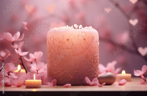 pink heart shaped candle in front of pink flowers,