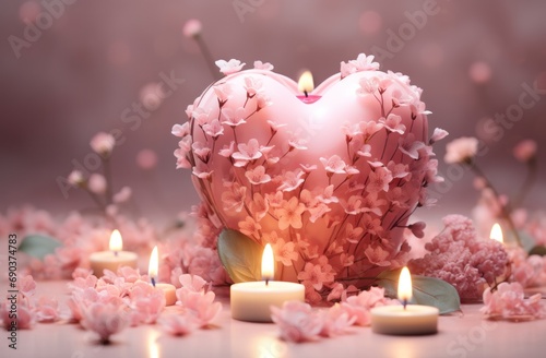 pink heart shaped candle in front of pink flowers 