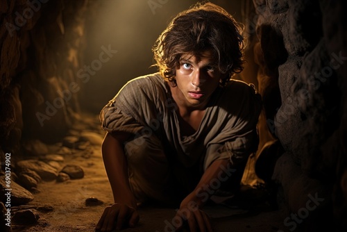 Joseph when he was trapped at the bottom of the pit, Bible story.