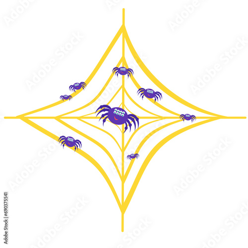 Yellow web with blue spiders. Spider family. Many blue spiders on the web.