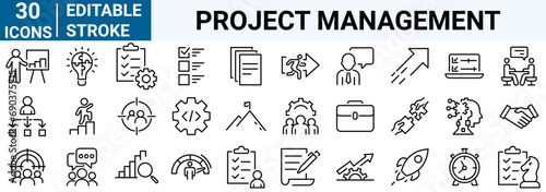 set of 30 line web icons Project management. Data Analysis. Big data, Processing, Productivity. vector illustration. Editable stroke.