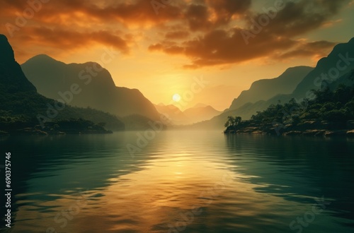 sunrise over green mountains at the top on the lake,