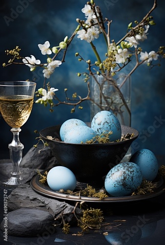 table with blue eggs and flowers around