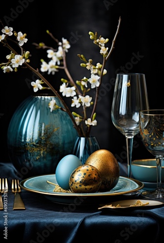 table with blue eggs and flowers around