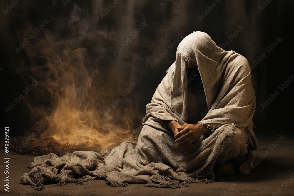 Man sitting in sackcloth and ashes, Bible story. Stock Photo | Adobe Stock