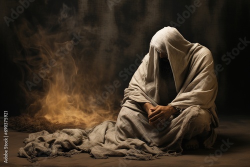 Man sitting in sackcloth and ashes, Bible story. photo
