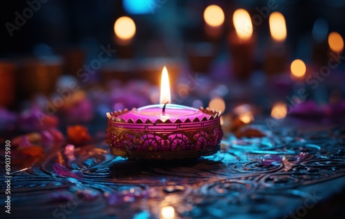 the lit candle on the table with the lights glowing,