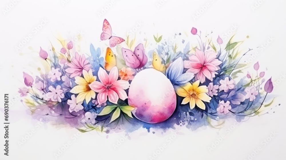 Easter eggs with floral frame Watercolor postcard. Aquarelle spring illustration with flowers for greeting card.