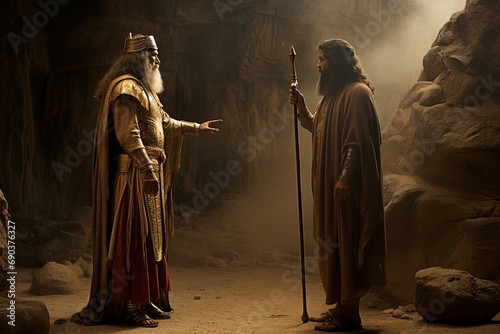 Moses speaking with Pharaoh of Egypt, Bible story. photo