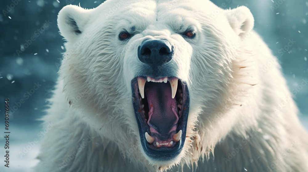 Polar bear growls angrily, saliva flies, winter background created with Generative Ai